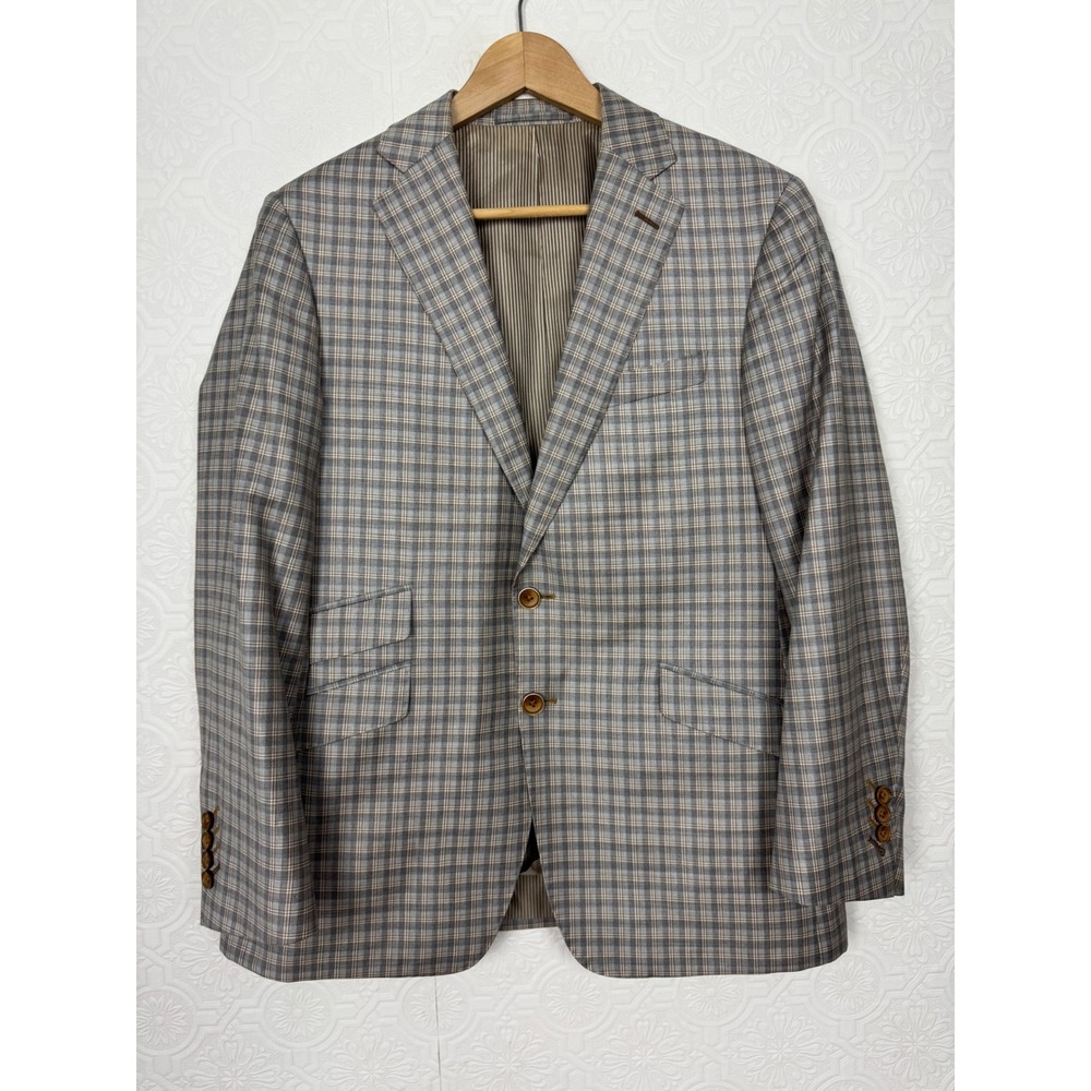 Custom REDA Super 130's Wool Plaid Sport Coat Gray Blue Windowpane Suit 42 Short